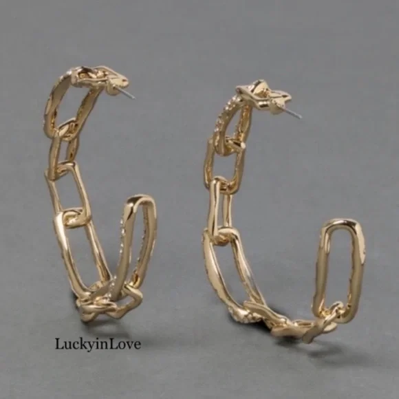 ALEXIS BITTAR NEW Gold Textured Crystal Custom Sculpted Chain Link Hoop Earrings - Picture 4 of 15